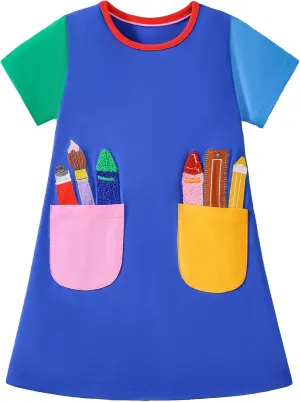 FreeLu Girls Cartoon Appliques Dress Cotton Summer Short Sleeve Dresses Casual Jersey Skirt