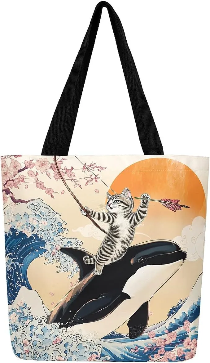 Funny Cat Canvas Bag Japanese Ocean Wave Grocery Bag, Cartoon Asian Fun Anime Canvas Tote Bag