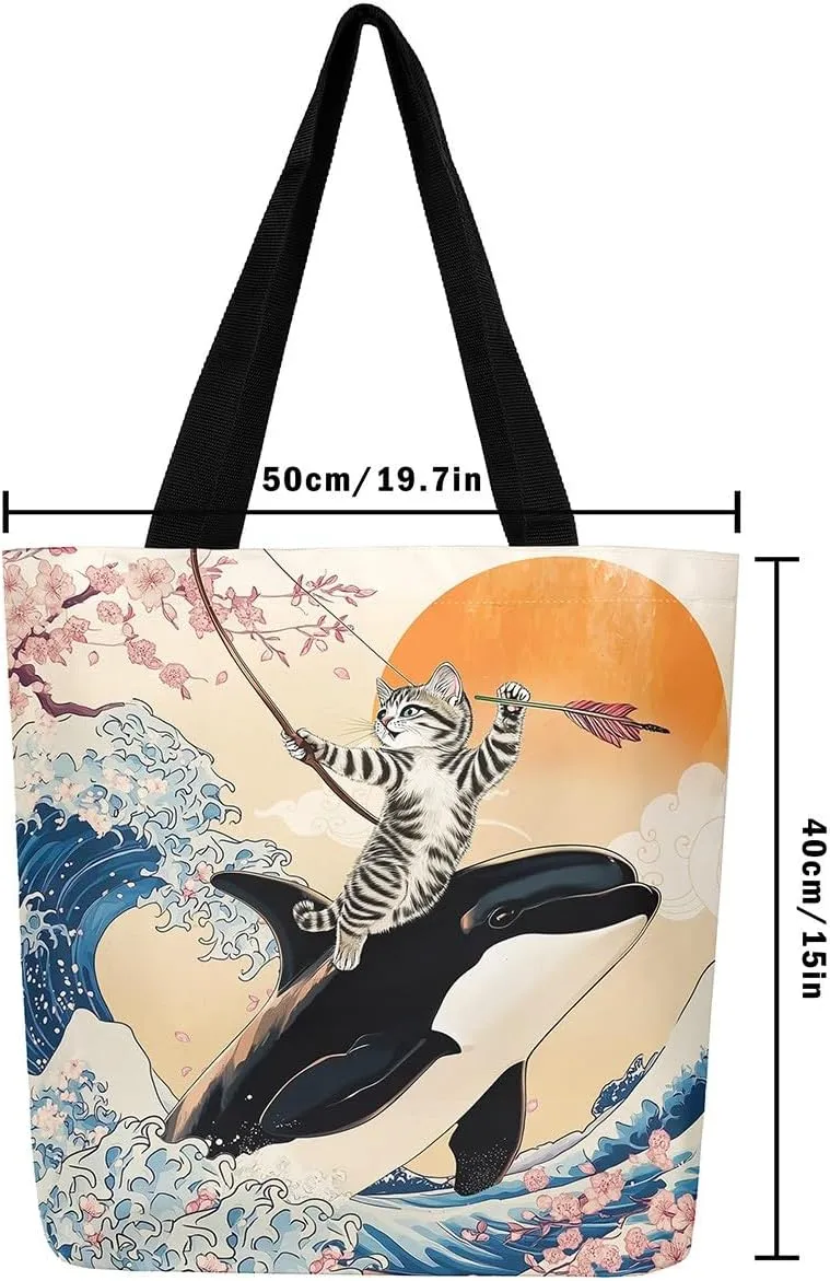 Funny Cat Canvas Bag Japanese Ocean Wave Grocery Bag, Cartoon Asian Fun Anime Canvas Tote Bag