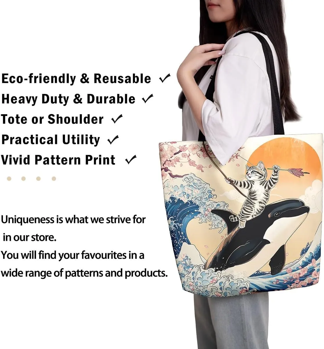 Funny Cat Canvas Bag Japanese Ocean Wave Grocery Bag, Cartoon Asian Fun Anime Canvas Tote Bag