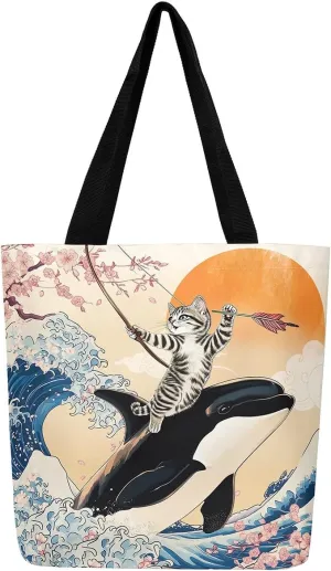 Funny Cat Canvas Bag Japanese Ocean Wave Grocery Bag, Cartoon Asian Fun Anime Canvas Tote Bag