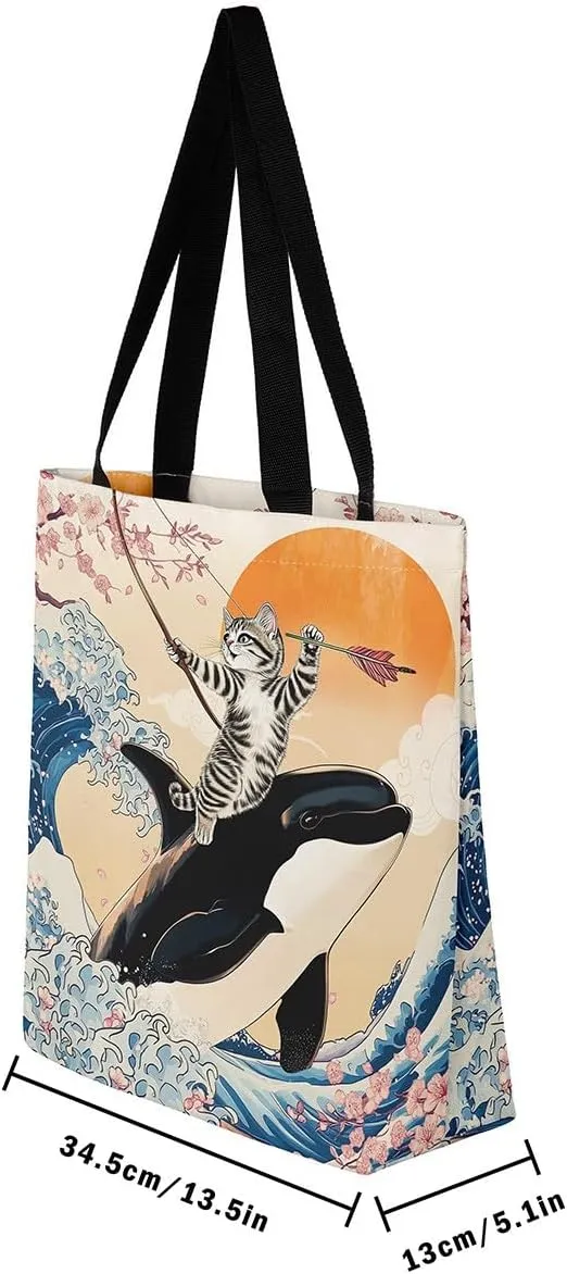 Funny Cat Canvas Bag Japanese Ocean Wave Grocery Bag, Cartoon Asian Fun Anime Canvas Tote Bag