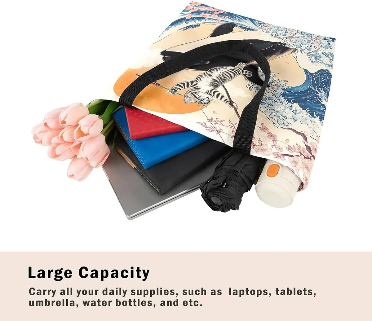Funny Cat Canvas Bag Japanese Ocean Wave Grocery Bag, Cartoon Asian Fun Anime Canvas Tote Bag