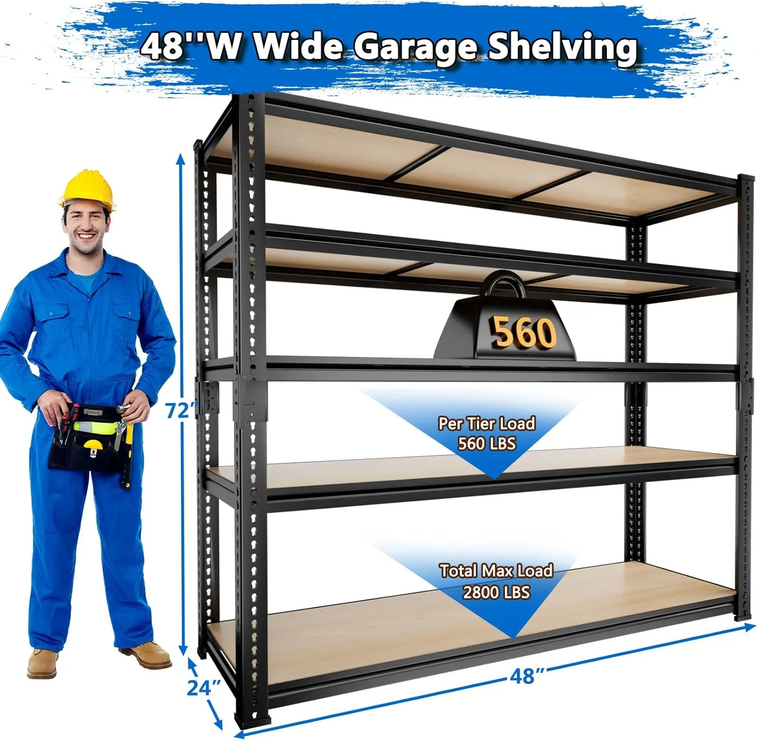Garage Shelving, Storage Shelves Heavy Duty 2800 LBS Capacity, 5 Tier Adjustable Metal Organizer Wire Rack, 48" L x 24" W x 72" H Utility Shelf Unit for Kitchen Pantry