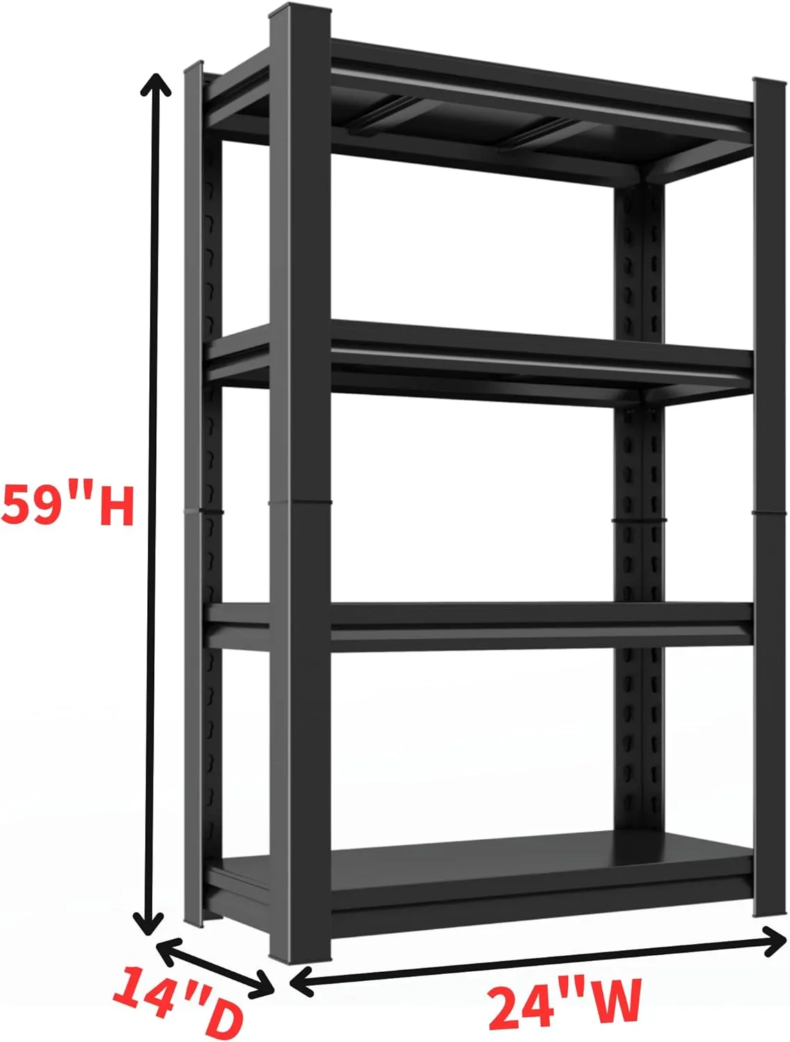 Garage Shelving Unit, Heavy Duty 4-Tier Adjustable Storage Shelf, Steel Shelving,2000 lbs Capacity, Industrial Shelves for Heavy Tools and Equipment, 59" H x 24" W x 14" D,Black