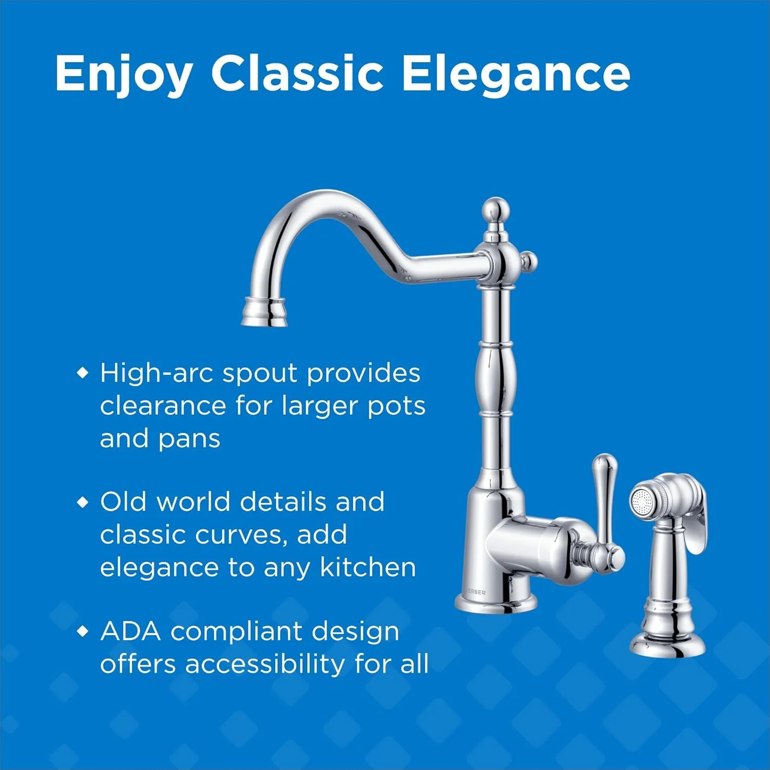 Gerber Opulence Kitchen Faucet with Side Spray - Farmhouse Style, Single Handle, Heavy-Duty Brass Construction, 2-Hole Installation in Chrome