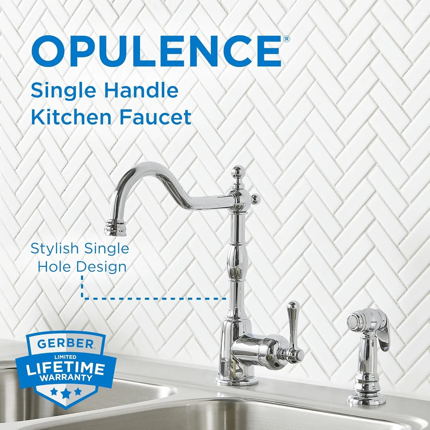 Gerber Opulence Kitchen Faucet with Side Spray - Farmhouse Style, Single Handle, Heavy-Duty Brass Construction, 2-Hole Installation in Chrome
