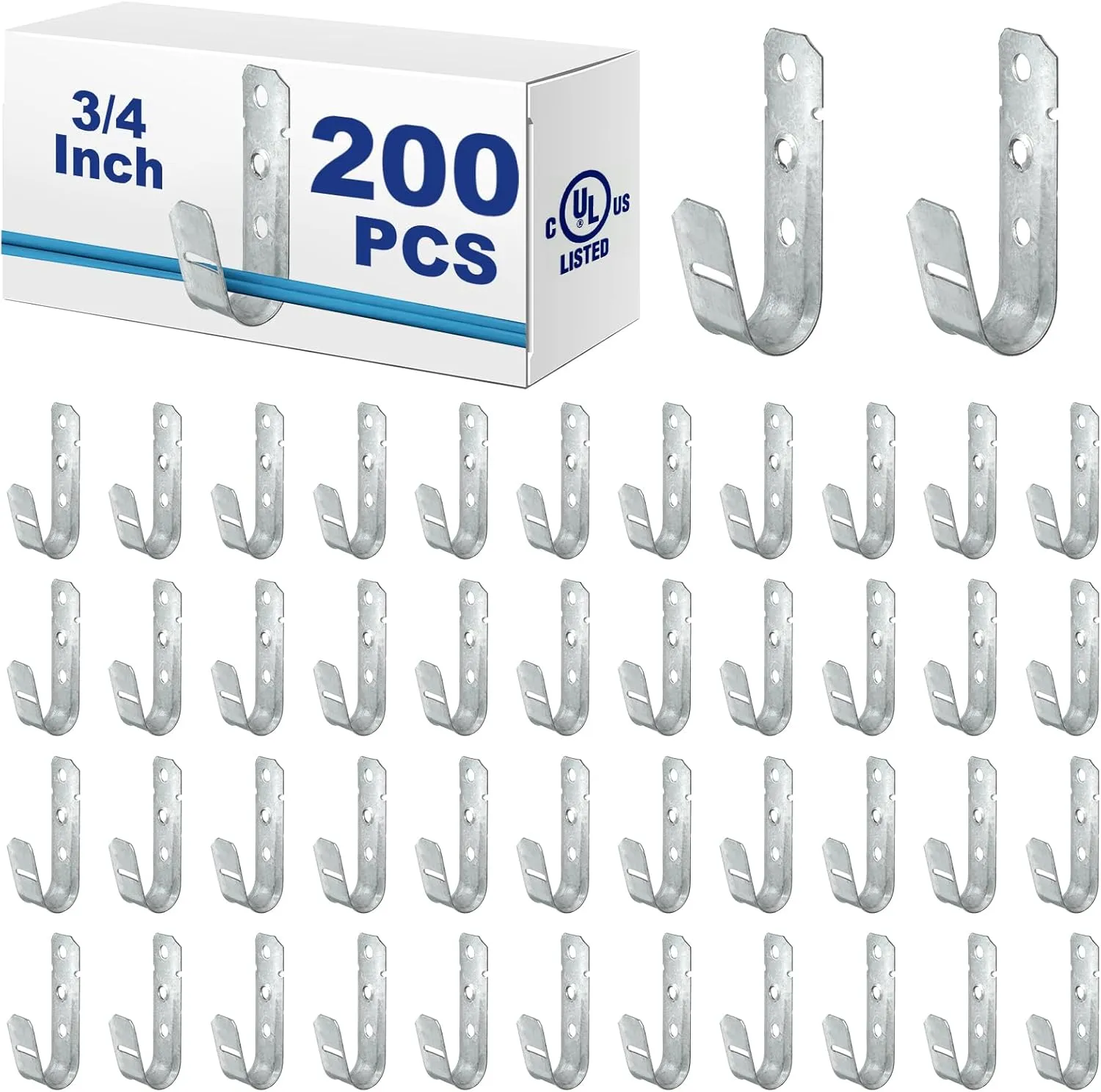 Gisafai 200 Pcs Cable Support J-Hook, 3/4 Inch Metal Garage Hooks for Hanging, Heavy Duty Network for Cable and Wire Management Wall Attaching J Utility, G60 Galvanized Steel, Silver