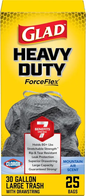 Glad ForceFlex Heavy Duty Trash Bags With Clorox, Mountain Air, 30 Gal, 25 Ct (Package May Vary)