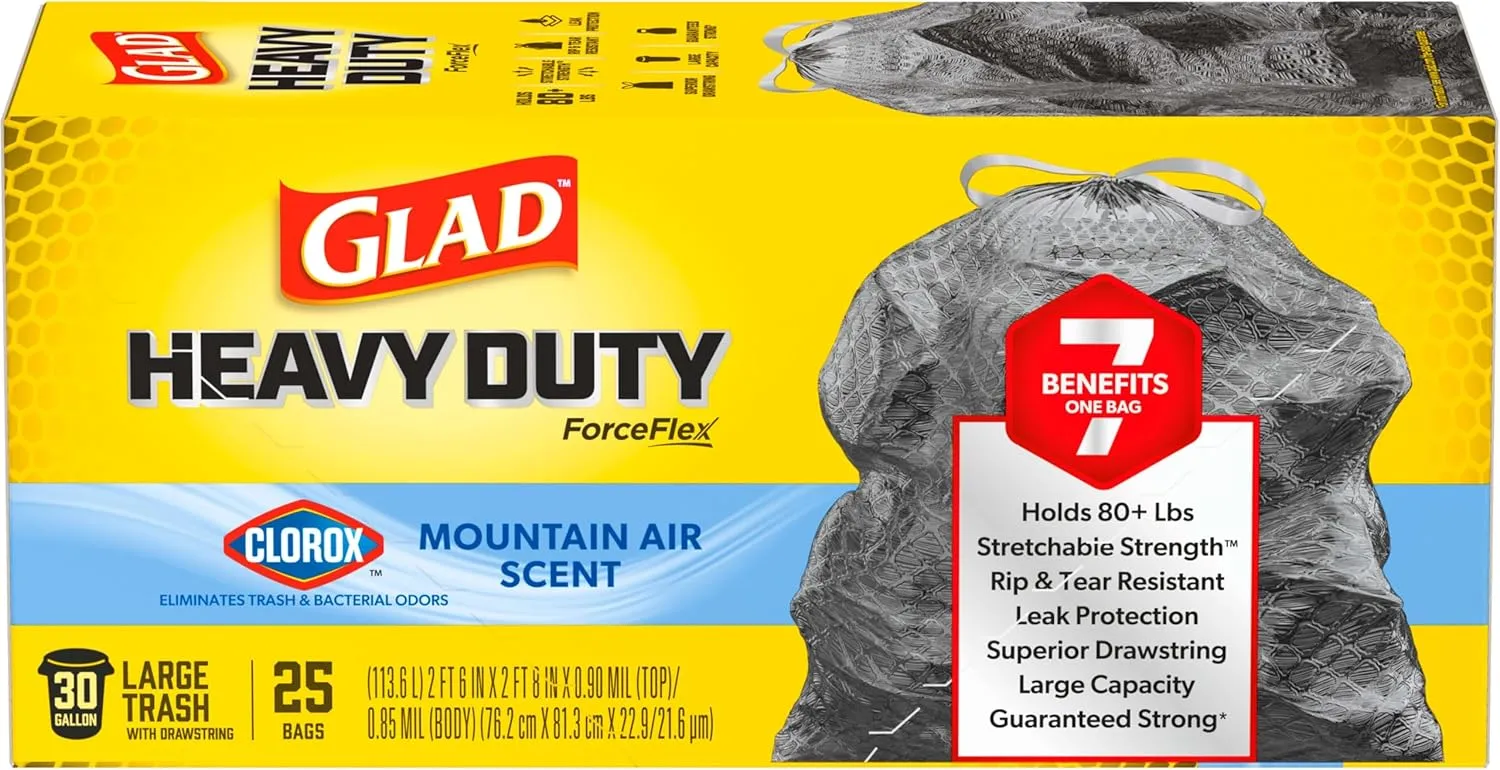 Glad ForceFlex Heavy Duty Trash Bags With Clorox, Mountain Air, 30 Gal, 25 Ct (Package May Vary)