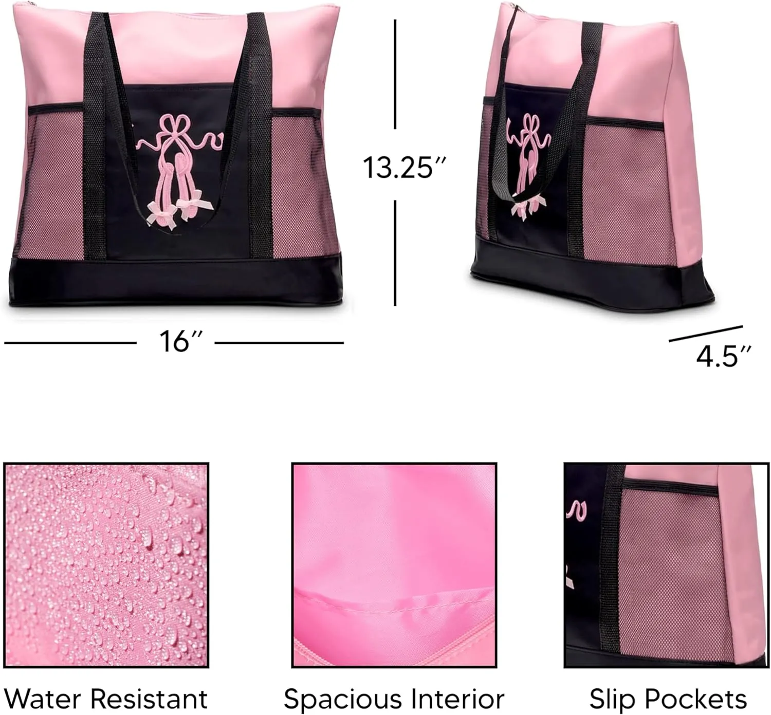 GLOBAL FBA INC Embroidered Dance Ballet Slippers Tote Bag, Kids Travel Bag, Dance Accessories For Girls and Teens
