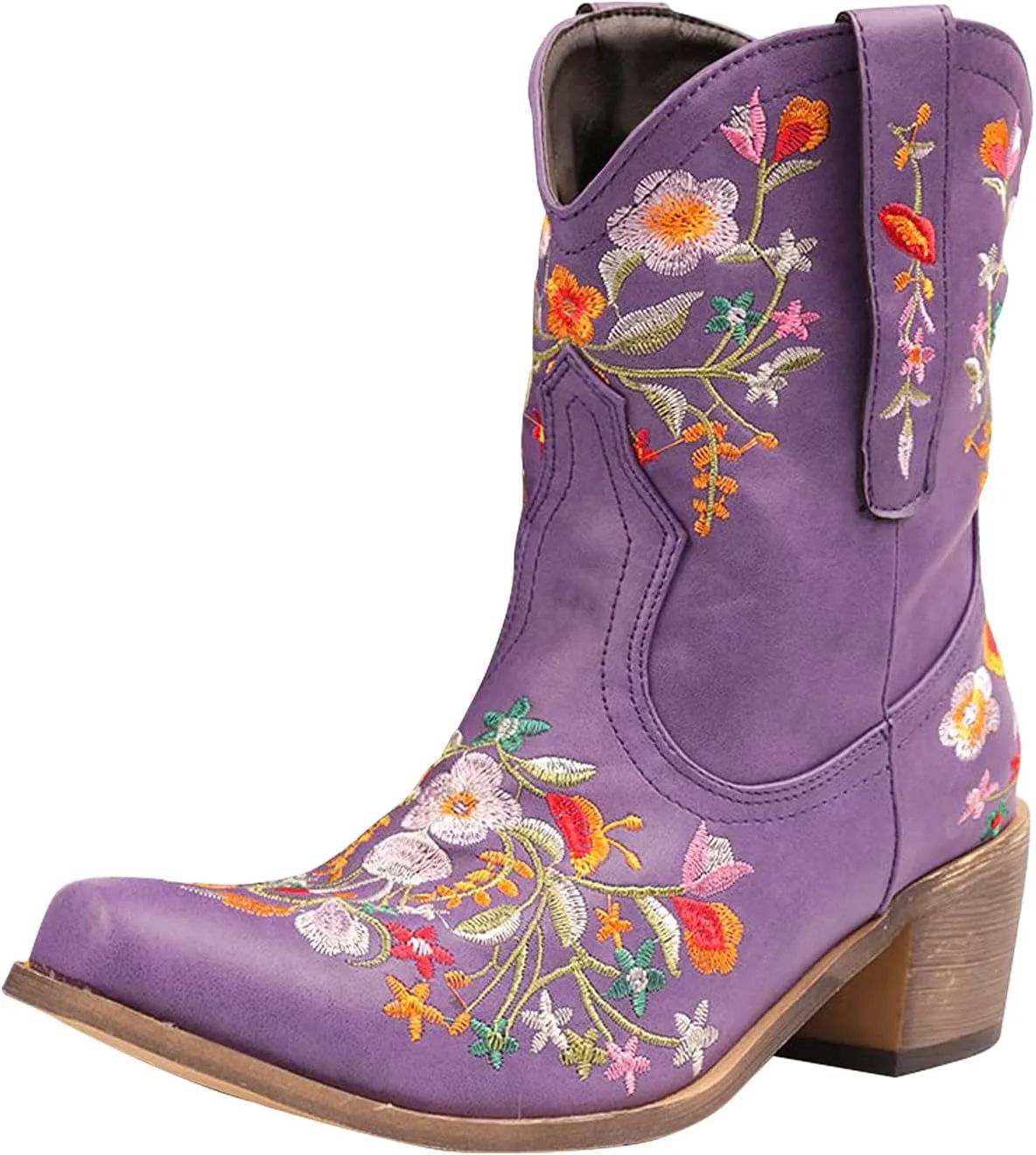 gloryinterest Cowboy Boots for Women Ankle Cowgirl Boots Western Flower Embroidered Square Toe Chunky Heel Stitched Retro Black Brown Red Blue Yellow Purple US5.5-10.5