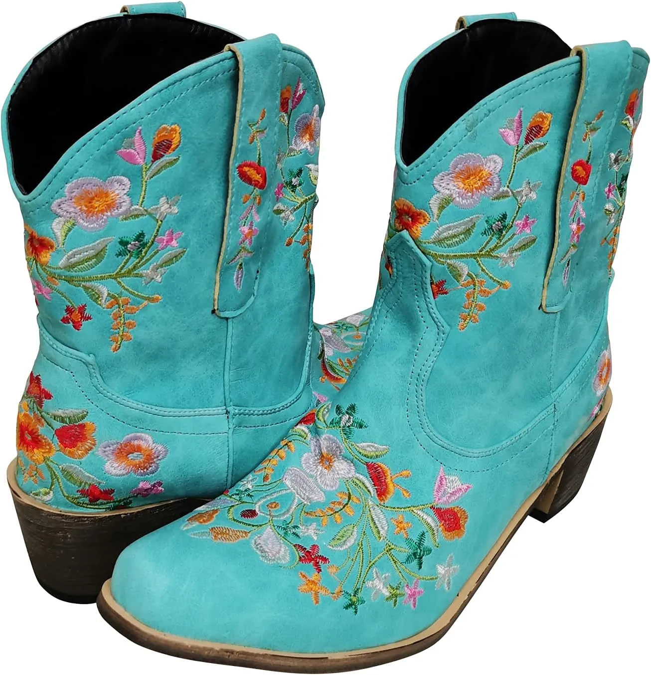 gloryinterest Cowboy Boots for Women Ankle Cowgirl Boots Western Flower Embroidered Square Toe Chunky Heel Stitched Retro Black Brown Red Blue Yellow Purple US5.5-10.5