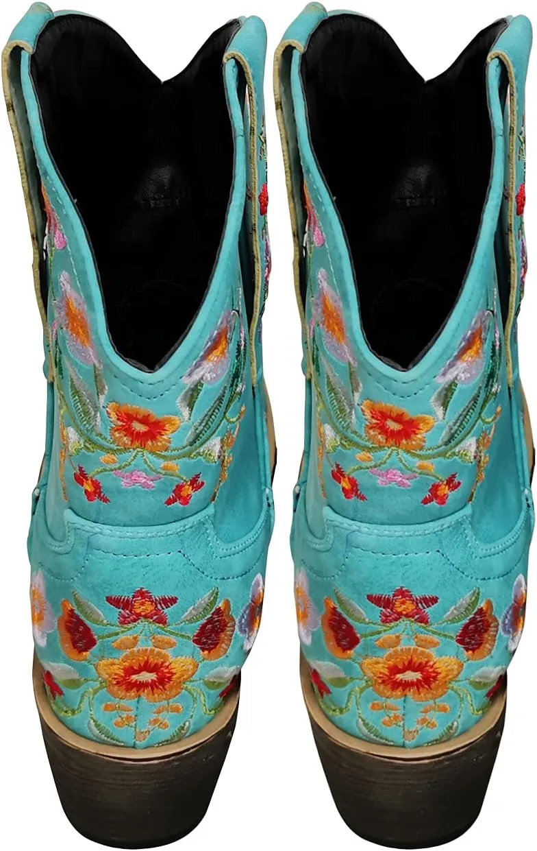 gloryinterest Cowboy Boots for Women Ankle Cowgirl Boots Western Flower Embroidered Square Toe Chunky Heel Stitched Retro Black Brown Red Blue Yellow Purple US5.5-10.5