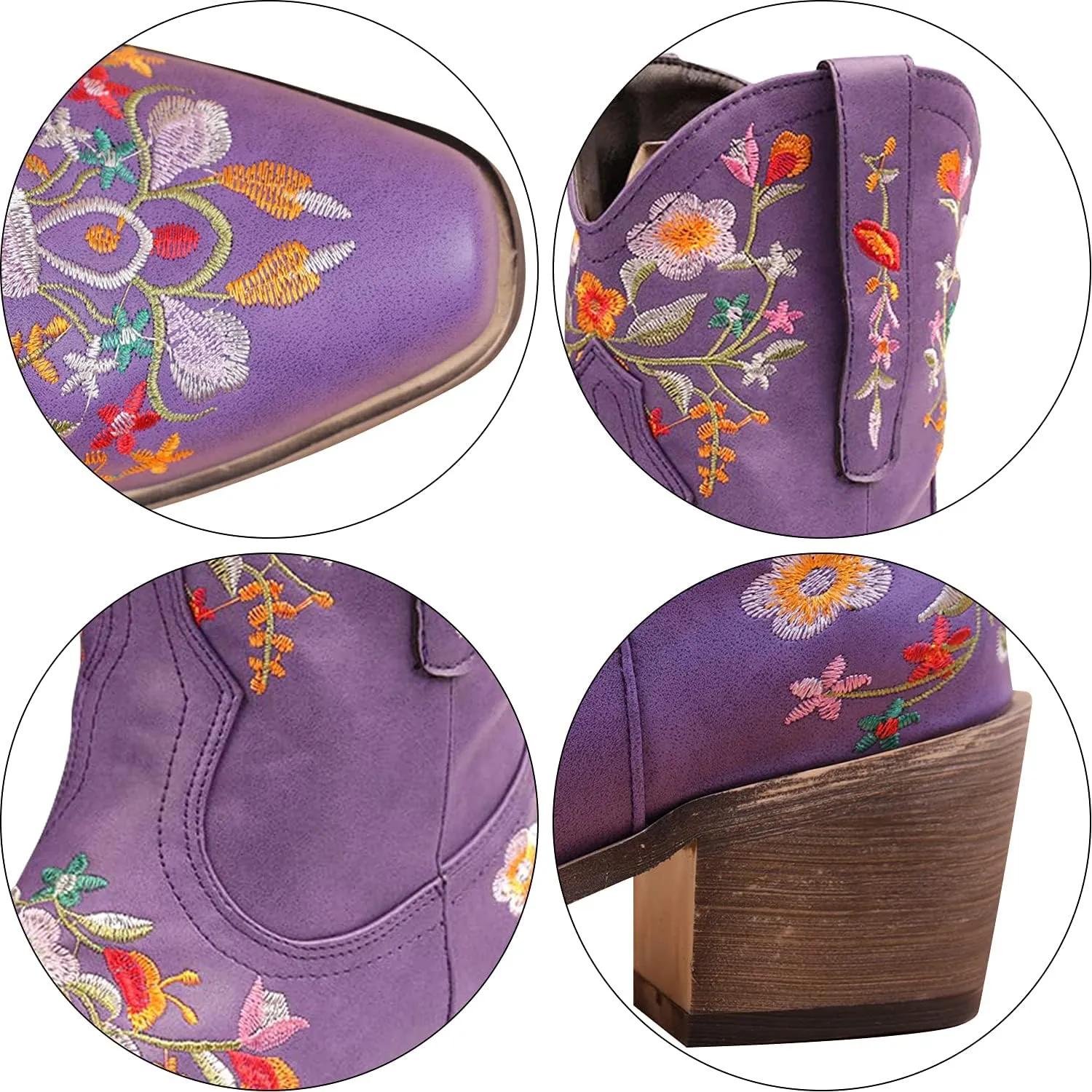 gloryinterest Cowboy Boots for Women Ankle Cowgirl Boots Western Flower Embroidered Square Toe Chunky Heel Stitched Retro Black Brown Red Blue Yellow Purple US5.5-10.5