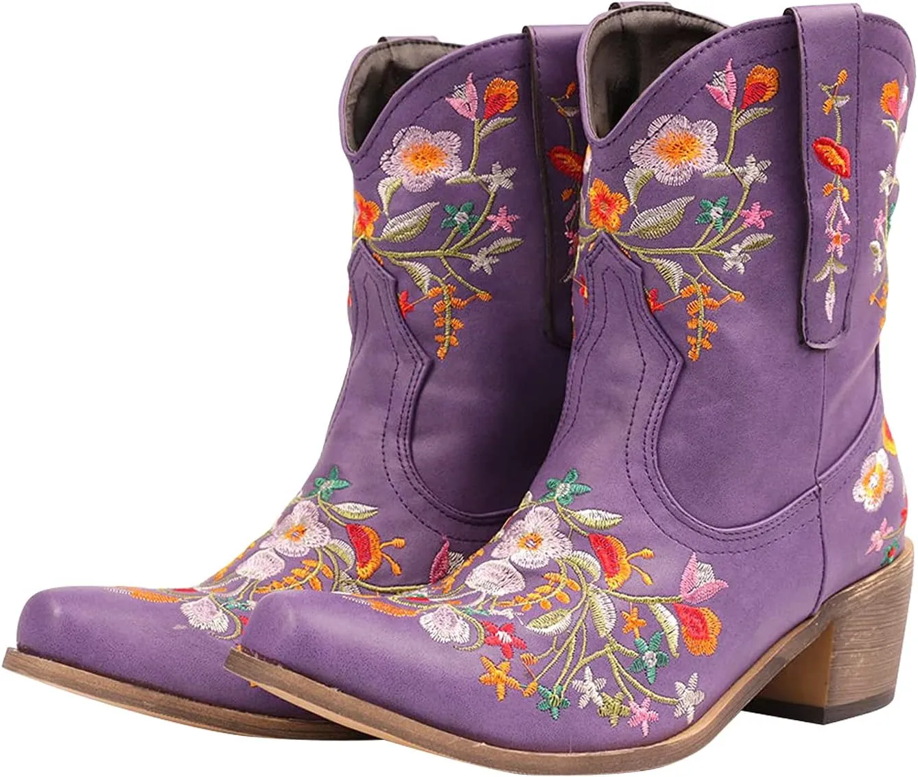 gloryinterest Cowboy Boots for Women Ankle Cowgirl Boots Western Flower Embroidered Square Toe Chunky Heel Stitched Retro Black Brown Red Blue Yellow Purple US5.5-10.5