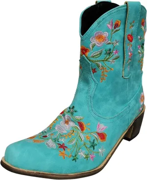 gloryinterest Cowboy Boots for Women Ankle Cowgirl Boots Western Flower Embroidered Square Toe Chunky Heel Stitched Retro Black Brown Red Blue Yellow Purple US5.5-10.5