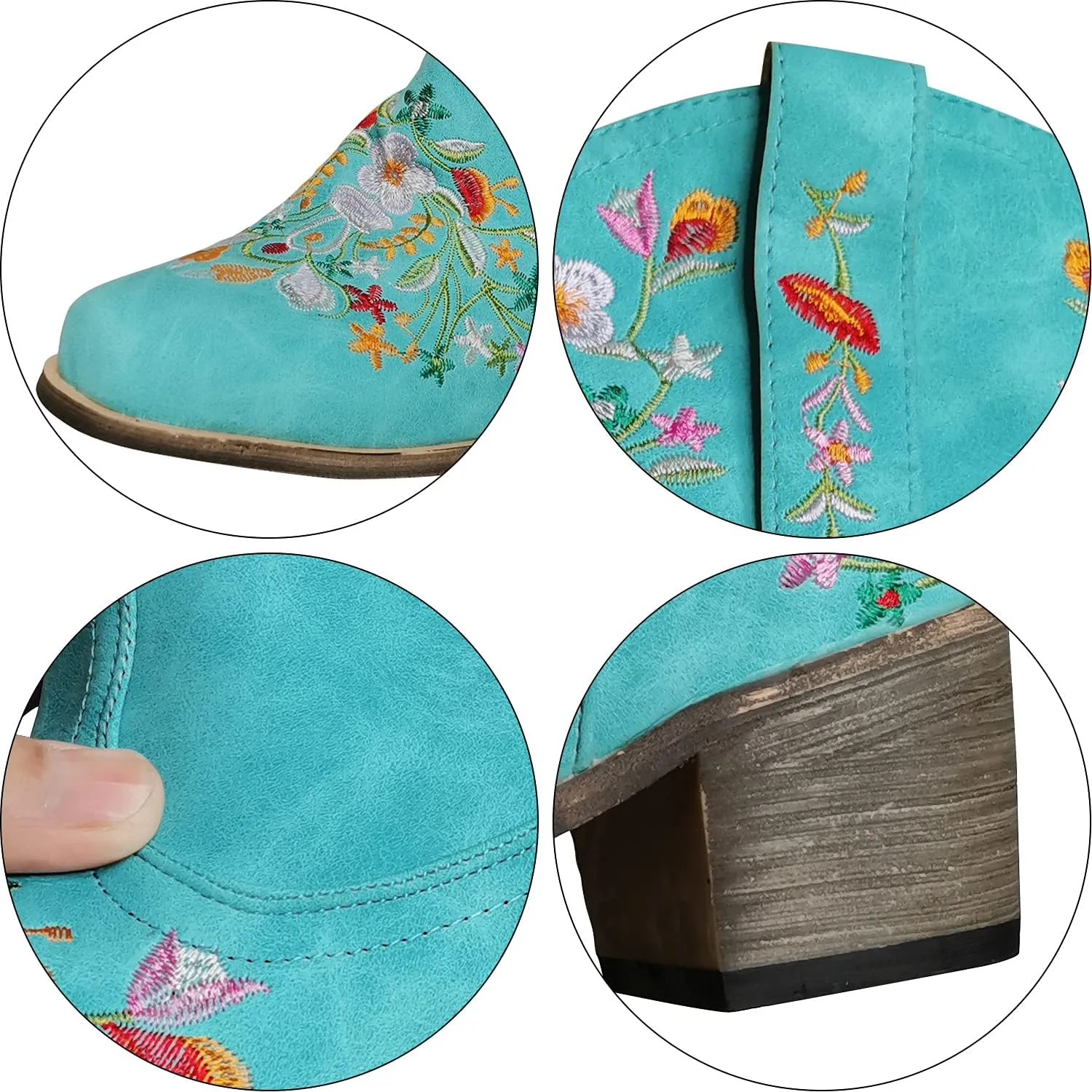 gloryinterest Cowboy Boots for Women Ankle Cowgirl Boots Western Flower Embroidered Square Toe Chunky Heel Stitched Retro Black Brown Red Blue Yellow Purple US5.5-10.5