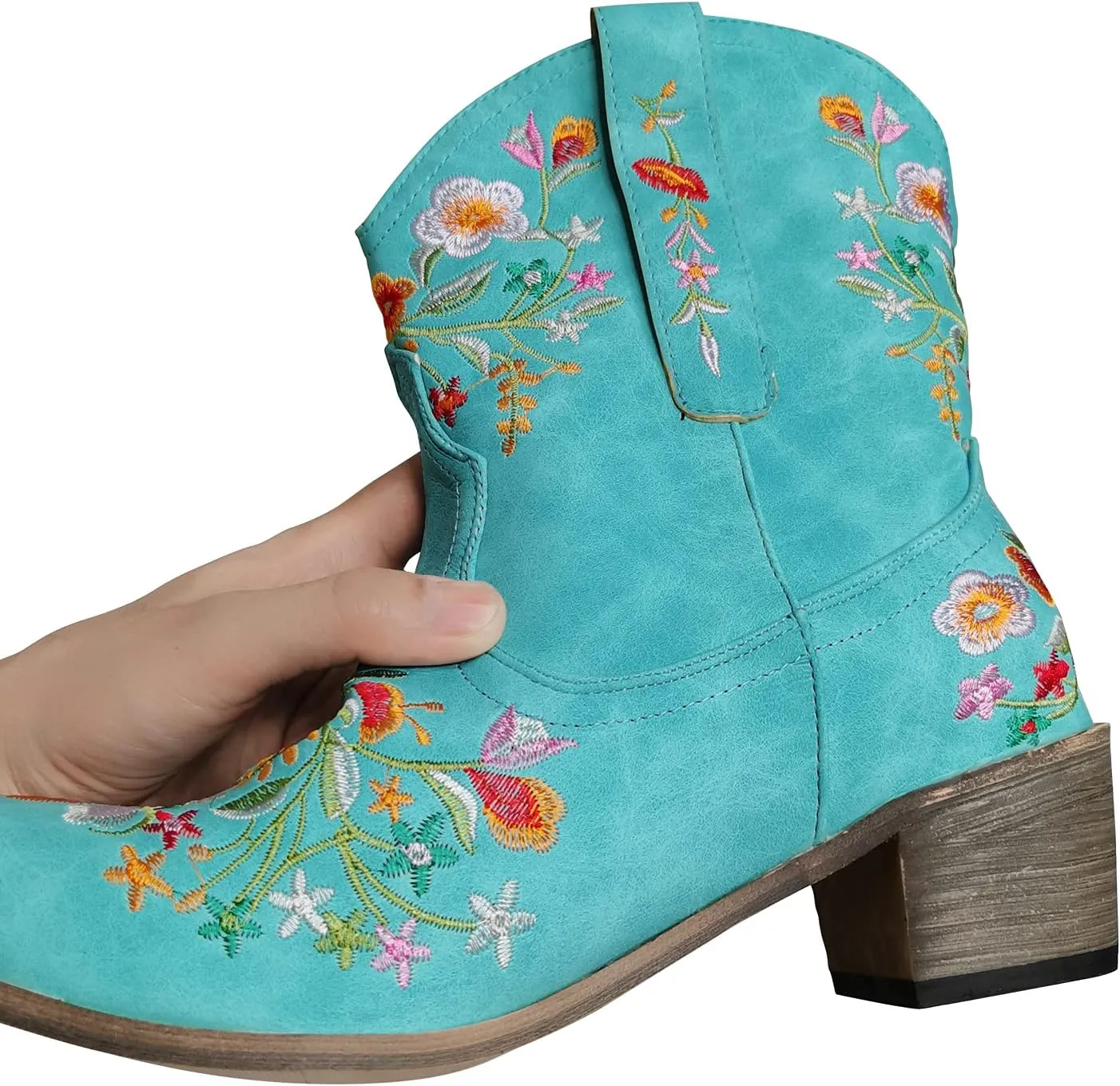 gloryinterest Cowboy Boots for Women Ankle Cowgirl Boots Western Flower Embroidered Square Toe Chunky Heel Stitched Retro Black Brown Red Blue Yellow Purple US5.5-10.5