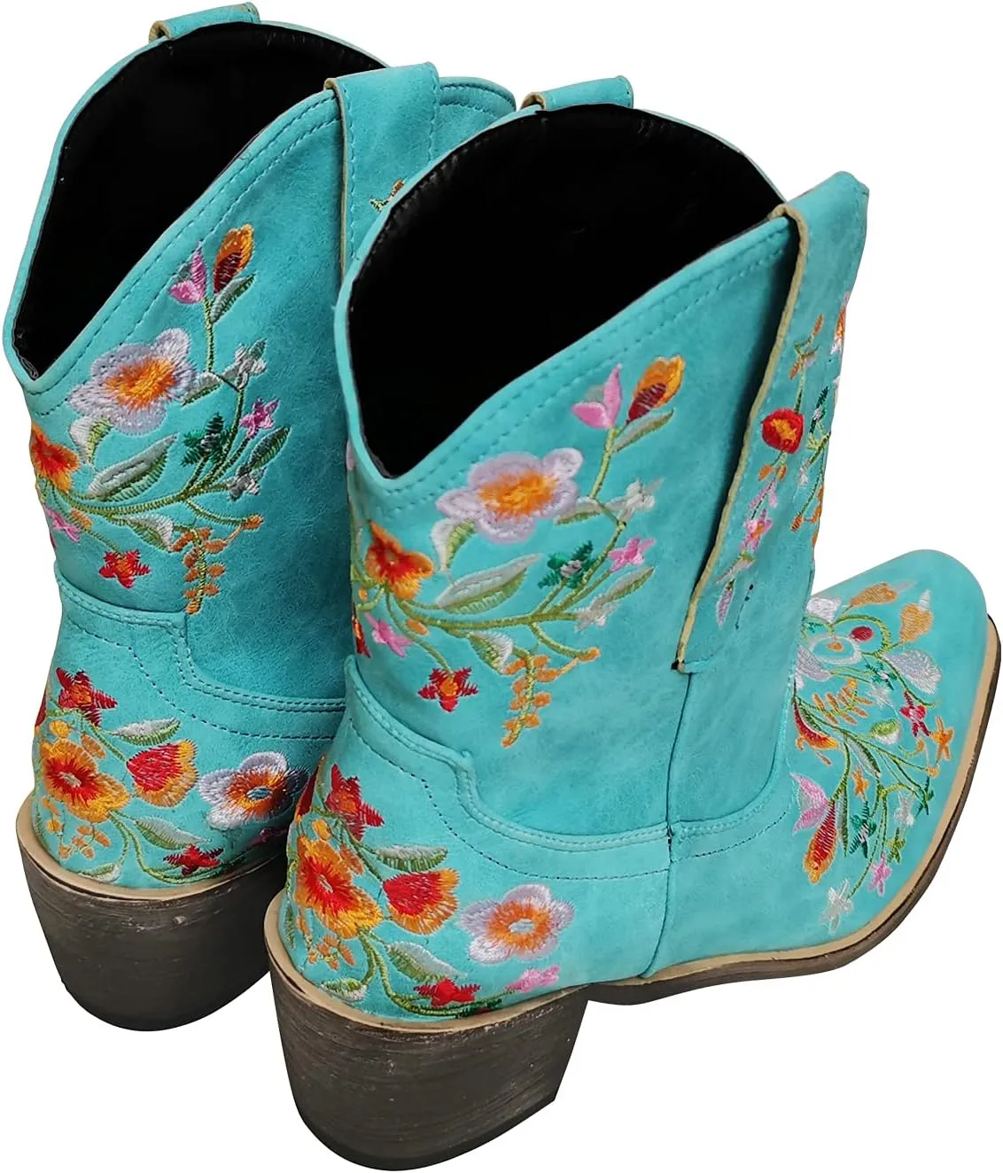 gloryinterest Cowboy Boots for Women Ankle Cowgirl Boots Western Flower Embroidered Square Toe Chunky Heel Stitched Retro Black Brown Red Blue Yellow Purple US5.5-10.5