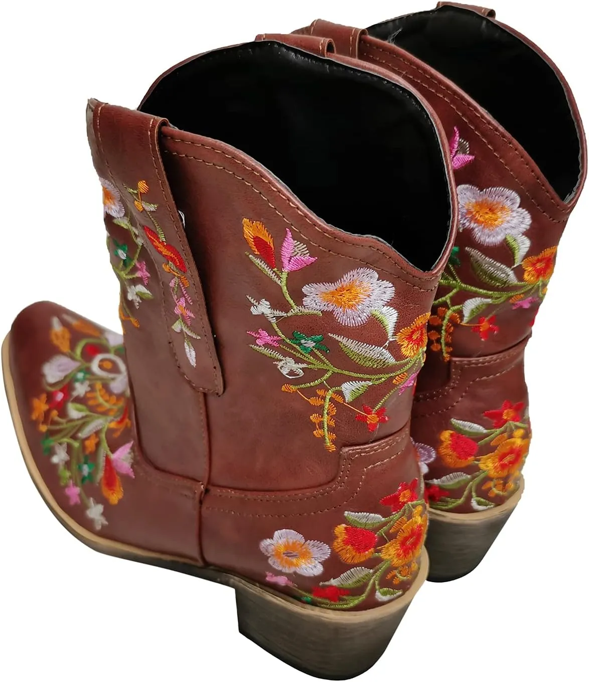 gloryinterest Cowboy Boots for Women Ankle Cowgirl Boots Western Flower Embroidered Square Toe Chunky Heel Stitched Retro Black Brown Red Blue Yellow Purple US5.5-10.5