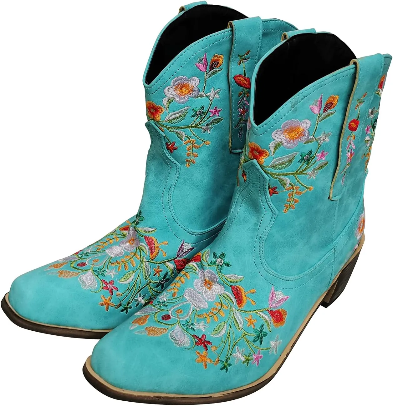gloryinterest Cowboy Boots for Women Ankle Cowgirl Boots Western Flower Embroidered Square Toe Chunky Heel Stitched Retro Black Brown Red Blue Yellow Purple US5.5-10.5