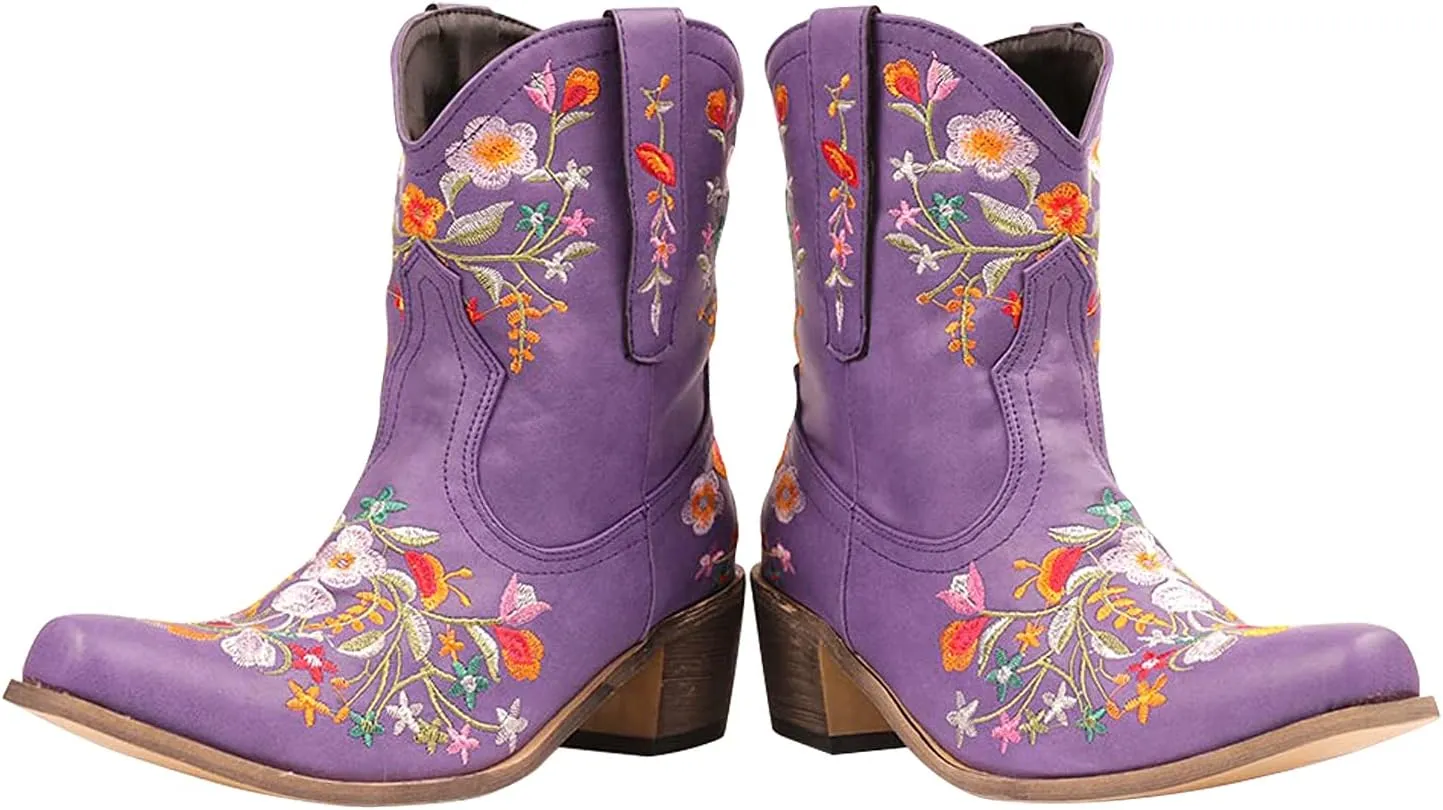 gloryinterest Cowboy Boots for Women Ankle Cowgirl Boots Western Flower Embroidered Square Toe Chunky Heel Stitched Retro Black Brown Red Blue Yellow Purple US5.5-10.5