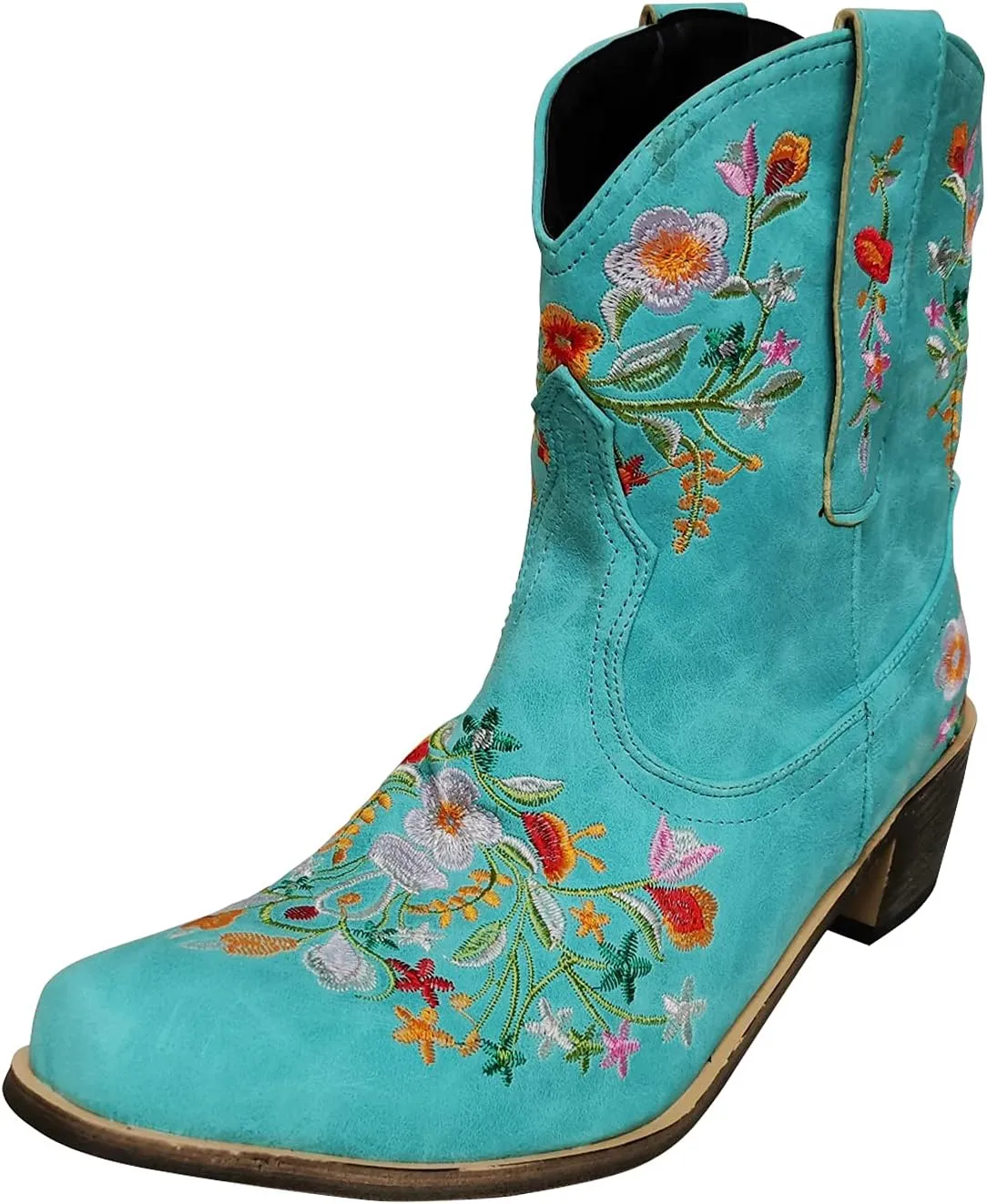 gloryinterest Cowboy Boots for Women Ankle Cowgirl Boots Western Flower Embroidered Square Toe Chunky Heel Stitched Retro Black Brown Red Blue Yellow Purple US5.5-10.5