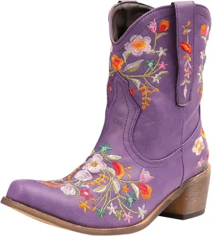 gloryinterest Cowboy Boots for Women Ankle Cowgirl Boots Western Flower Embroidered Square Toe Chunky Heel Stitched Retro Black Brown Red Blue Yellow Purple US5.5-10.5