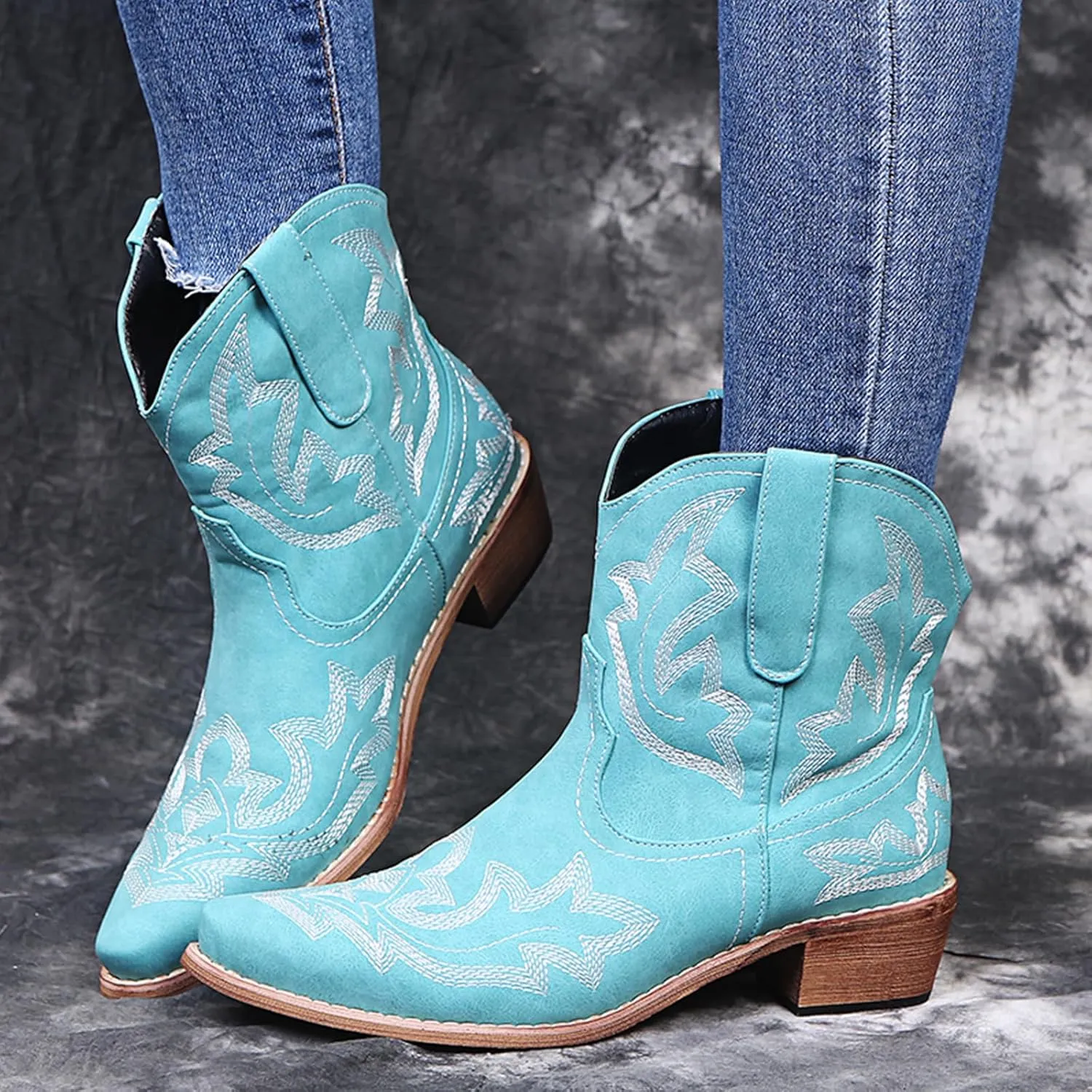 gloryinterest Cowboy Boots for Women Booties Ankle Cowgirl Western Boots Stitched Embroidered Pointed Toe Short Chunky Classic Brown Red Blue US6-10.5