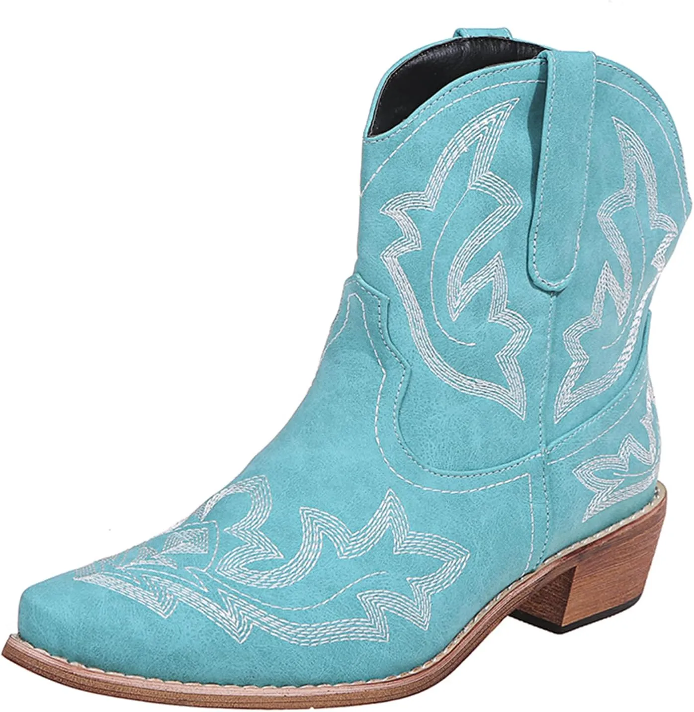 gloryinterest Cowboy Boots for Women Booties Ankle Cowgirl Western Boots Stitched Embroidered Pointed Toe Short Chunky Classic Brown Red Blue US6-10.5