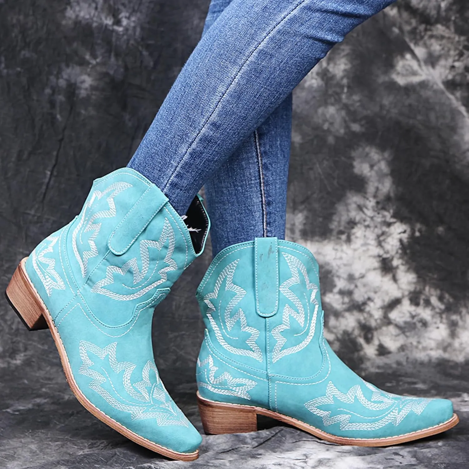 gloryinterest Cowboy Boots for Women Booties Ankle Cowgirl Western Boots Stitched Embroidered Pointed Toe Short Chunky Classic Brown Red Blue US6-10.5
