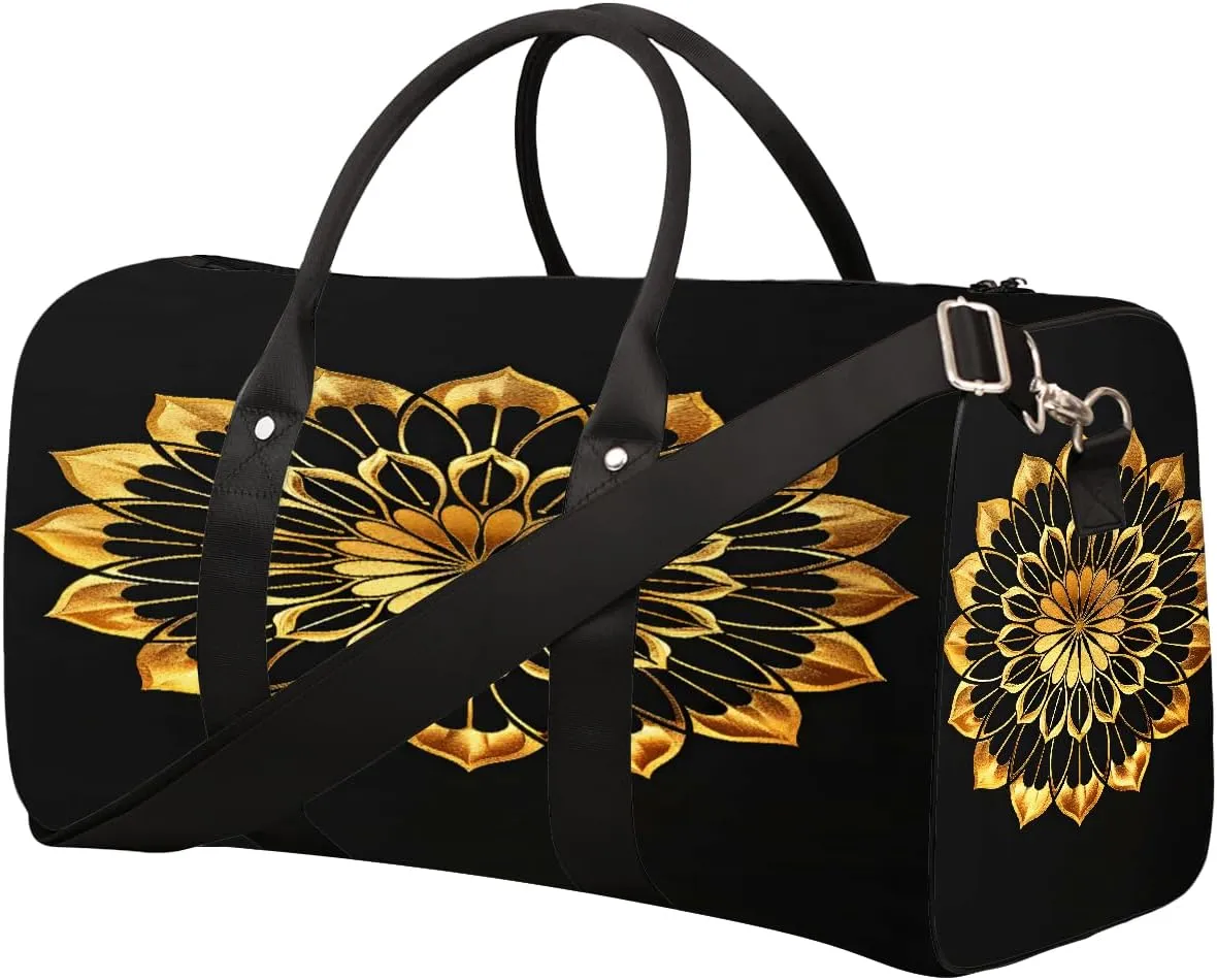 Gold Circular Pattern Travel Duffel Bag for Women Men Small Sport Gym Bag Waterproof Weekender Overnight Lightweight Carry on Foldable Gym Bag for Training Swim Yoga Traveling Handbag