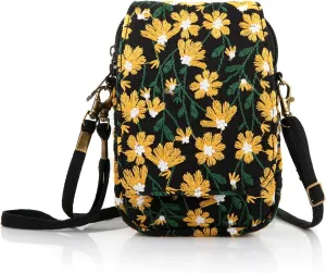 Goodhan Floral Embroidery Crossbody Bag, Mini Canvas Shoulder Bag Cellphone Purse Wristlet Pouch