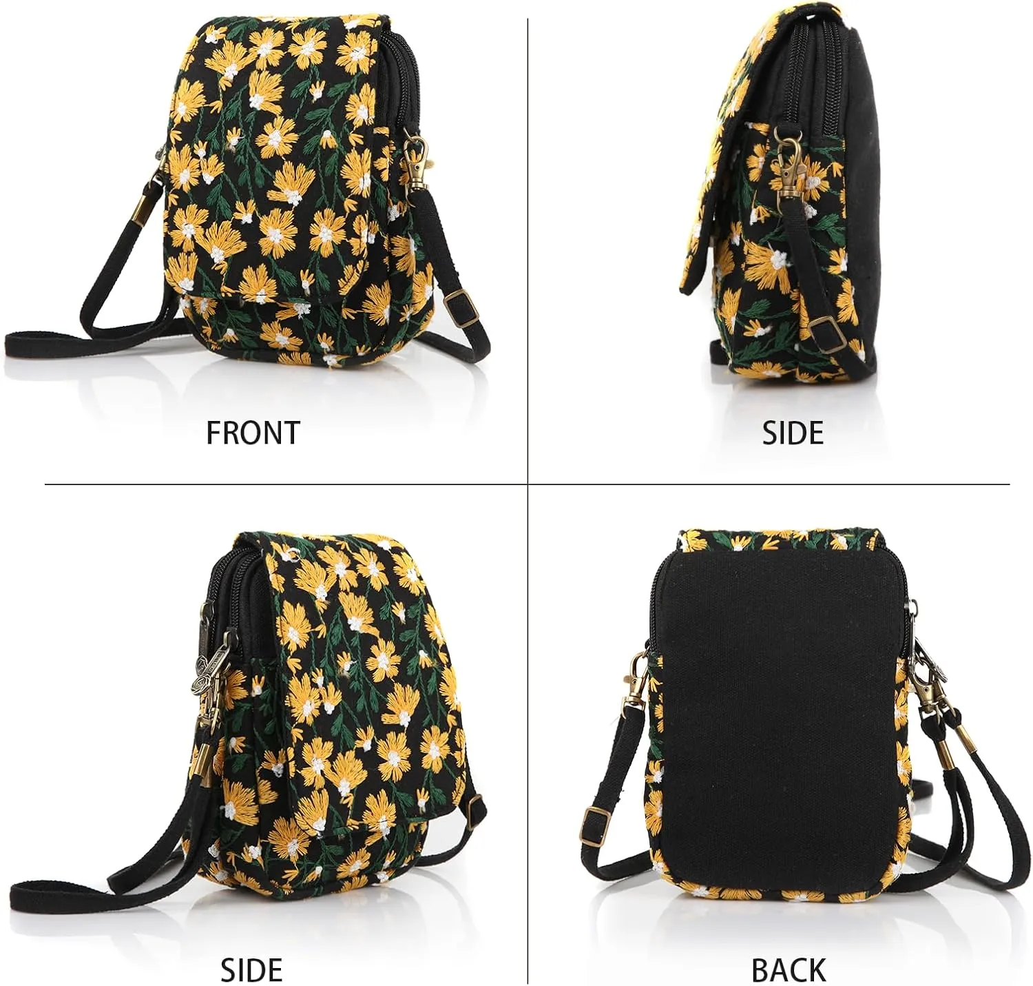 Goodhan Floral Embroidery Crossbody Bag, Mini Canvas Shoulder Bag Cellphone Purse Wristlet Pouch