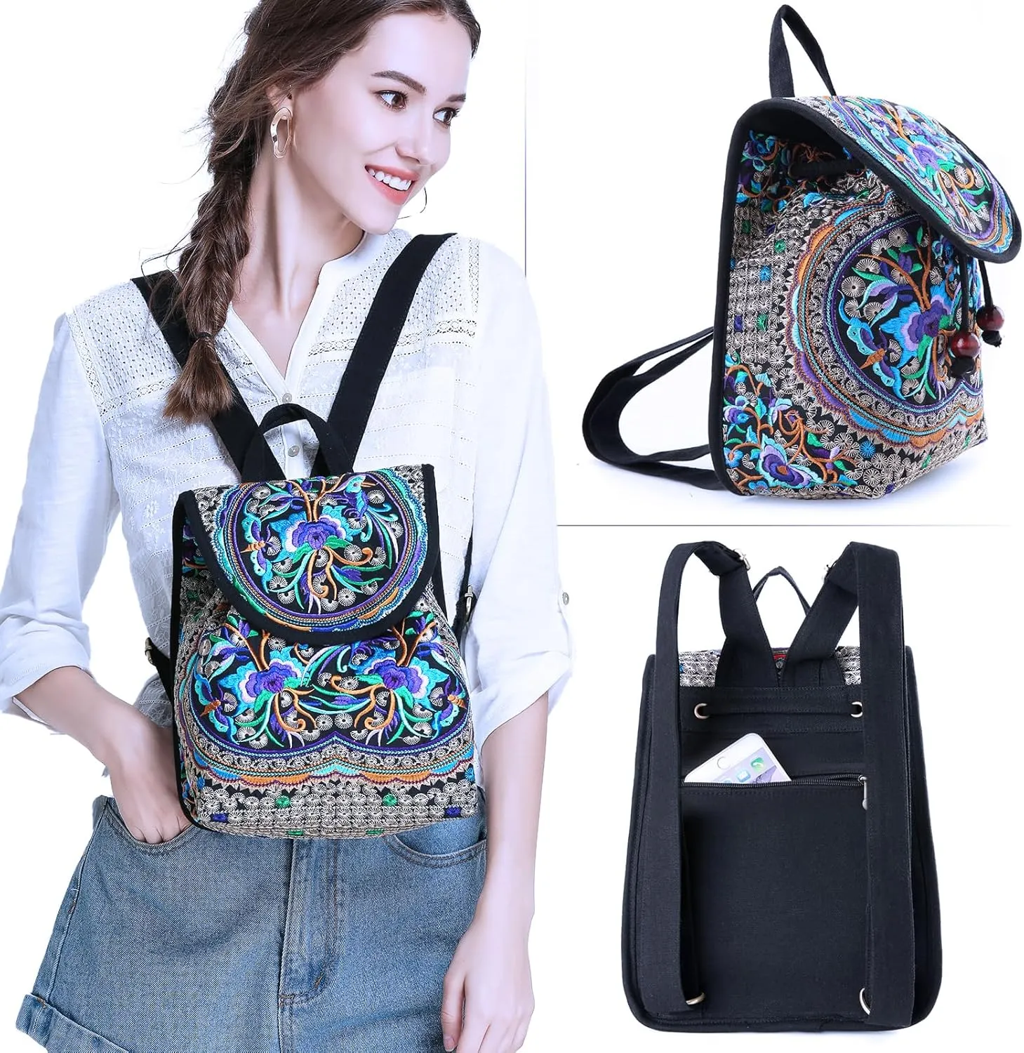 Goodhan Vintage Embroidered Women Backpack Ethnic Travel Handbag Shoulder Bag, 12x10x5 inch, Purple