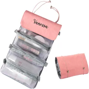 GOPHIE Personalized Toiletry Bag Embroidery Roll-Up Cosmetic bag Foldable Portable Travel Organizer Custom Women's Cosmetic Makeup Kits for Women Waterproof (Pink)