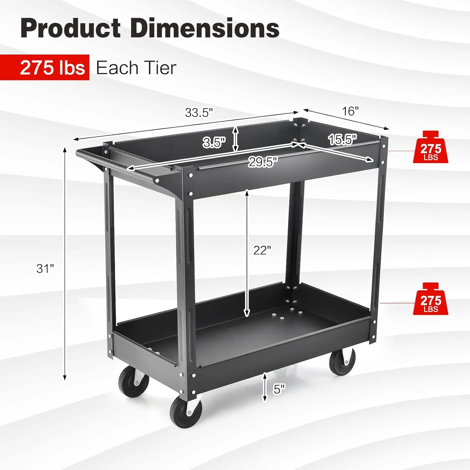 Goplus 2-Tier Utility Cart, Heavy Duty Commercial Service Tool Cart w/Handle, 550 lbs Max Support, Rolling Mechanic Metal Tool Cart Storage Organizer for Home, Garage, Warehouse