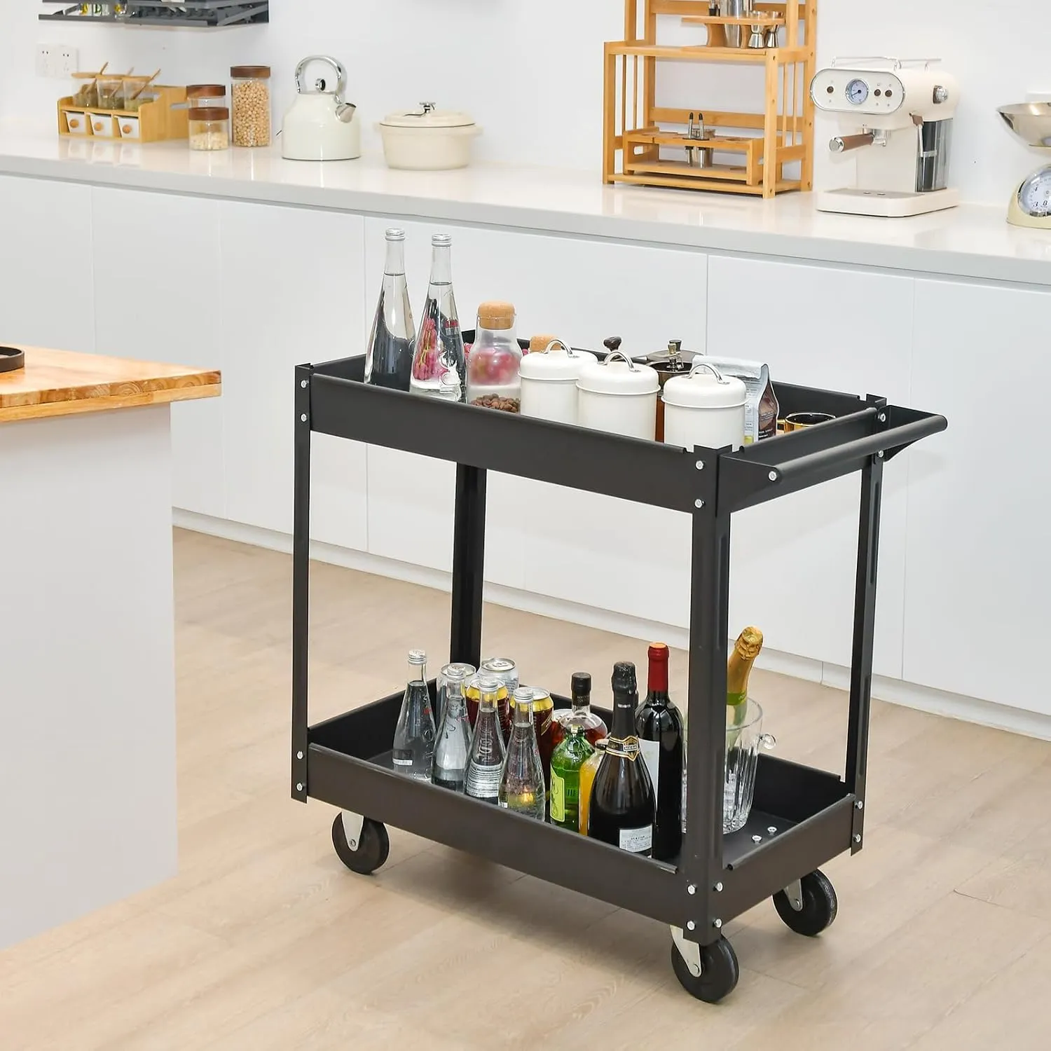 Goplus 2-Tier Utility Cart, Heavy Duty Commercial Service Tool Cart w/Handle, 550 lbs Max Support, Rolling Mechanic Metal Tool Cart Storage Organizer for Home, Garage, Warehouse