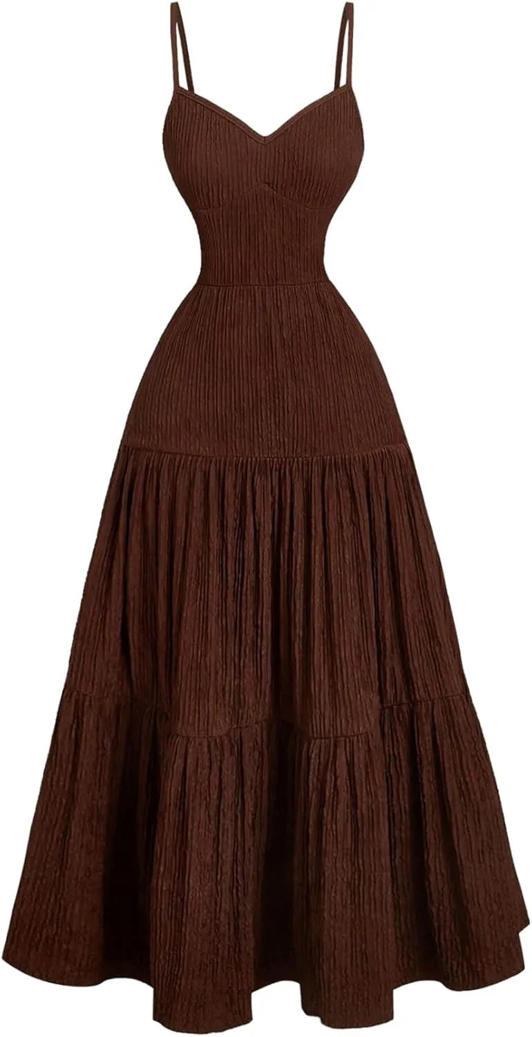 GORGLITTER Women's Open Back Flowy Maxi Dress Ruffle Summer Long Sundress Dress Spaghetti Strap Beach Vacation Dresses
