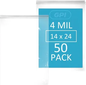 GPI - 14" X 24" Extra Large Reclosable Zip Bags - 4 Mil Heavy-Duty - Pack of 50 - Clear Plastic Zipper Lock Bags, Resealable Poly Baggies for Clothing, Tools, Travel, Storage & Packaging.