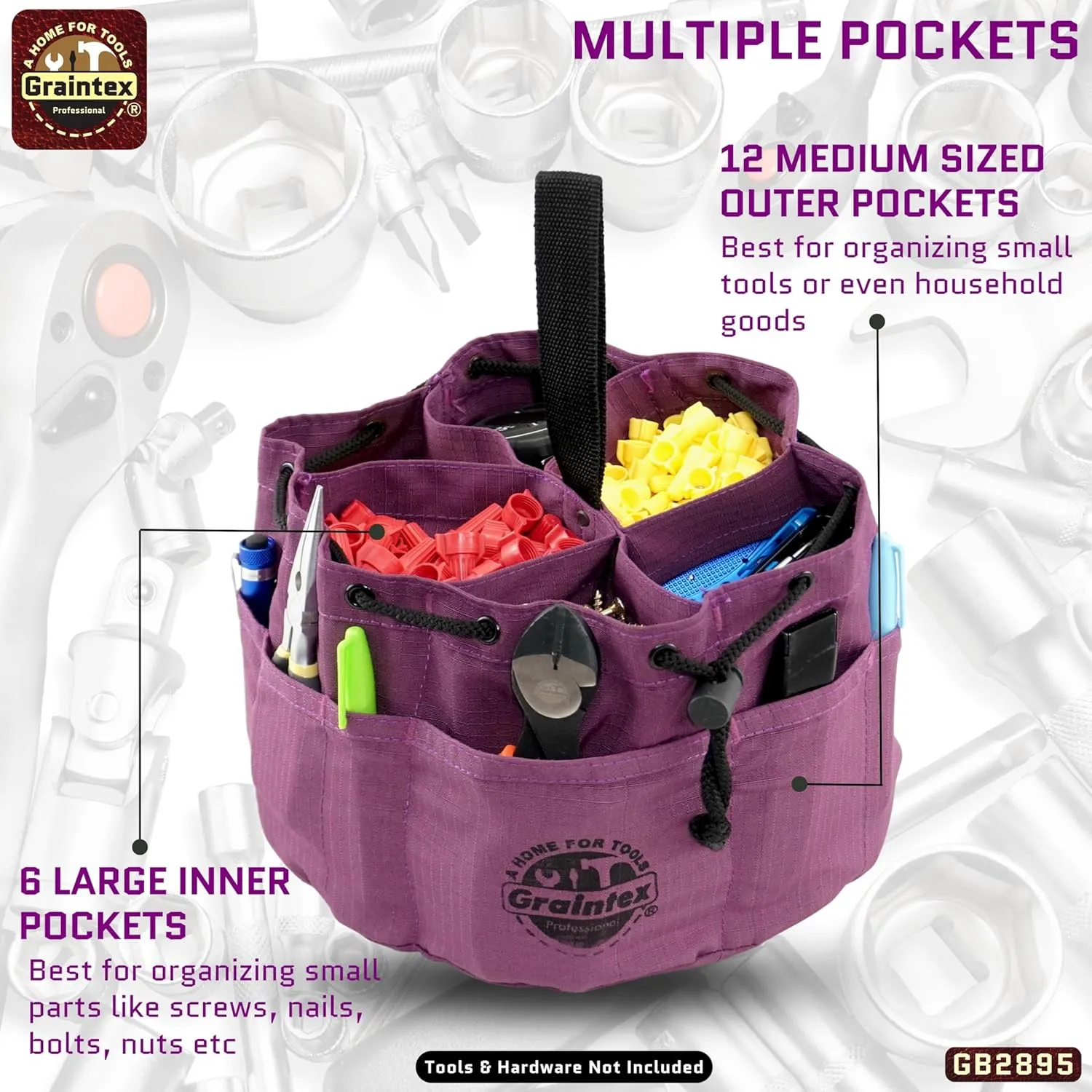 Graintex GB2895 18 Pockets Grab Bag Purple Color Rip-stop Canvas Drawstring Closure, Small Parts Organizer Bag, Parachute Bag for Screws, Small Tools, Small Parts, Parachute Tool Bag