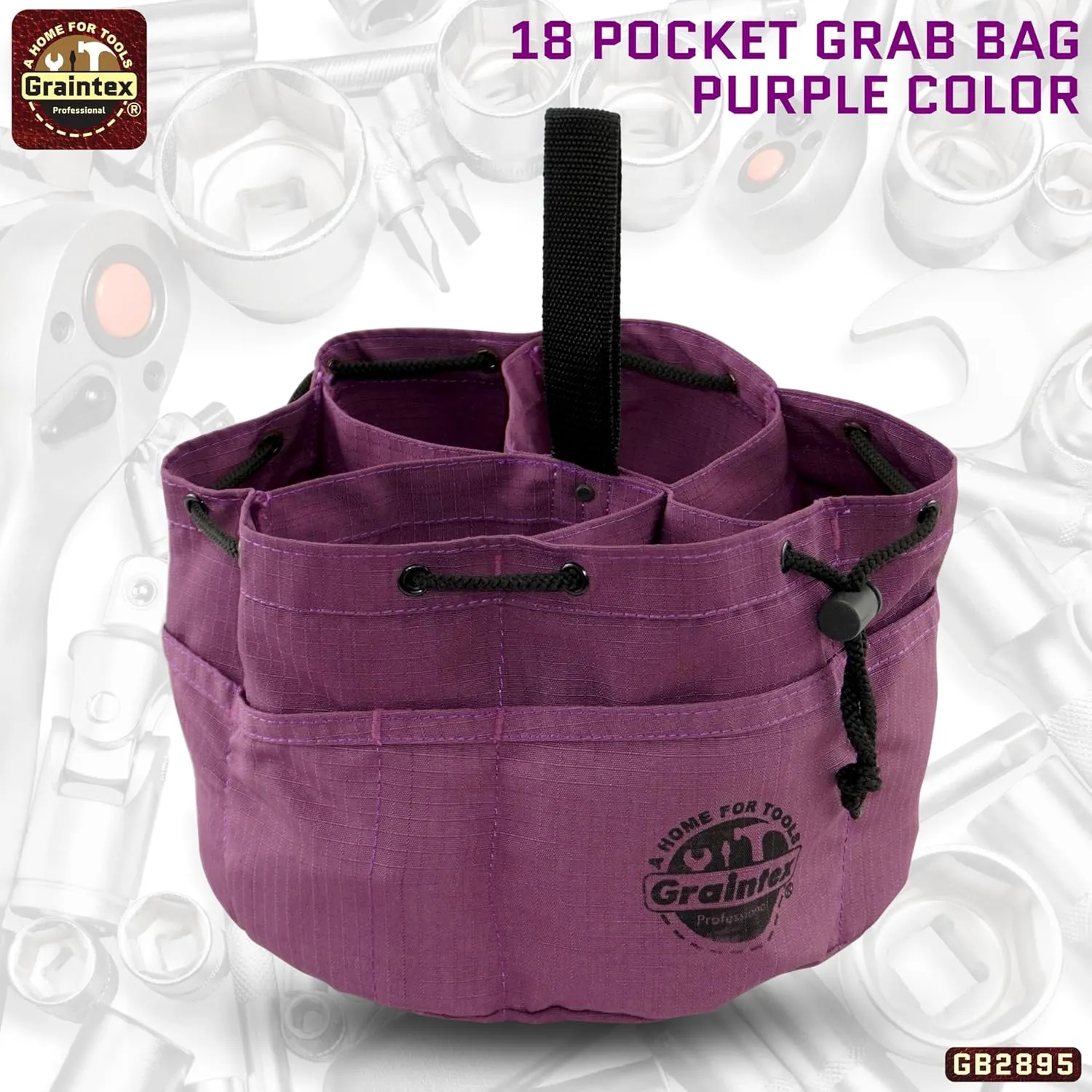 Graintex GB2895 18 Pockets Grab Bag Purple Color Rip-stop Canvas Drawstring Closure, Small Parts Organizer Bag, Parachute Bag for Screws, Small Tools, Small Parts, Parachute Tool Bag