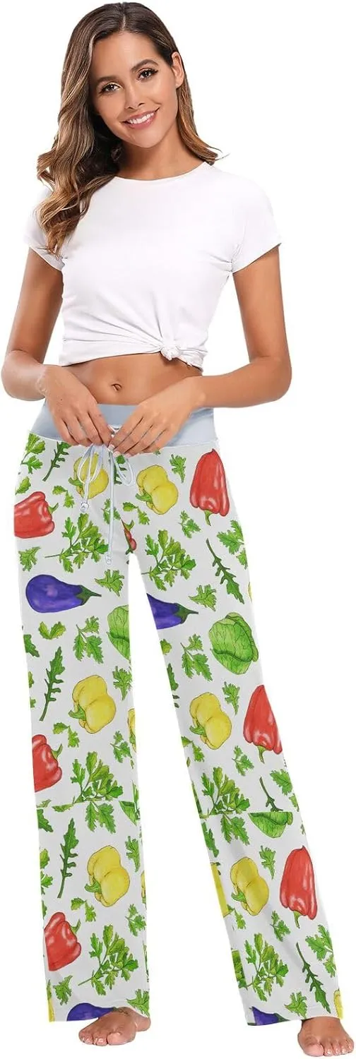 Green Cabbage Bell Pepper Women's Pajama Pants Parsley Red Chili Loose Wide Leg Pant Casual Drawstring Sweatpants XS