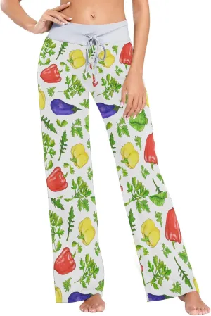Green Cabbage Bell Pepper Women's Pajama Pants Parsley Red Chili Loose Wide Leg Pant Casual Drawstring Sweatpants XS
