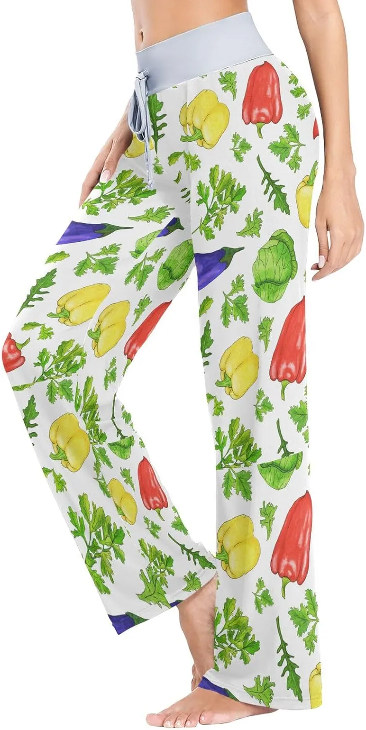 Green Cabbage Bell Pepper Women's Pajama Pants Parsley Red Chili Loose Wide Leg Pant Casual Drawstring Sweatpants XS