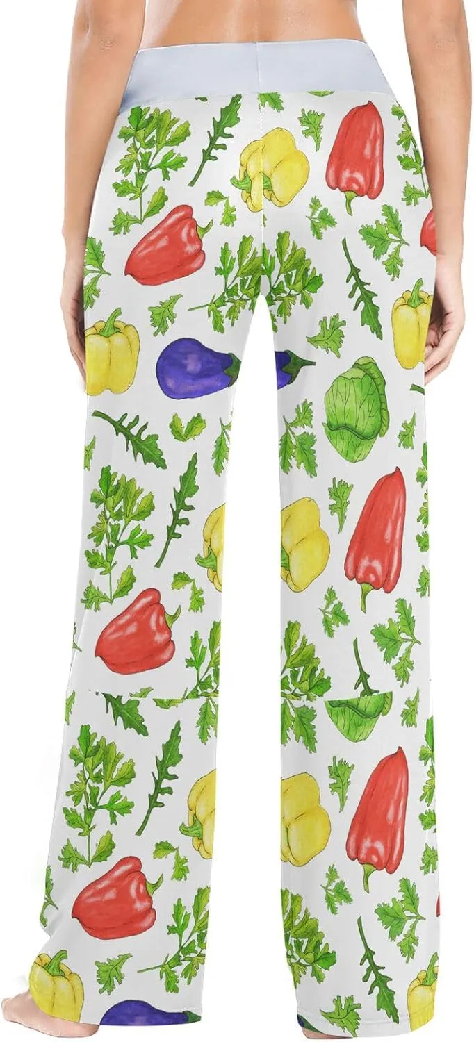 Green Cabbage Bell Pepper Women's Pajama Pants Parsley Red Chili Loose Wide Leg Pant Casual Drawstring Sweatpants XS