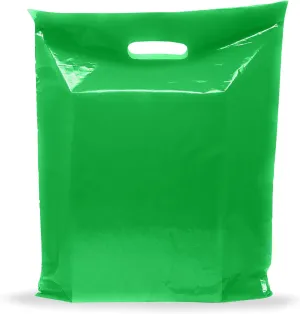 Green Merchandise Plastic Shopping Bags - 100 Pack 9" x 12" with 1.5 mil Thick - Die Cut Handles - Perfect for Retail, Party Favors, Birthdays, Goodie Bags - Color Green - Recyclable