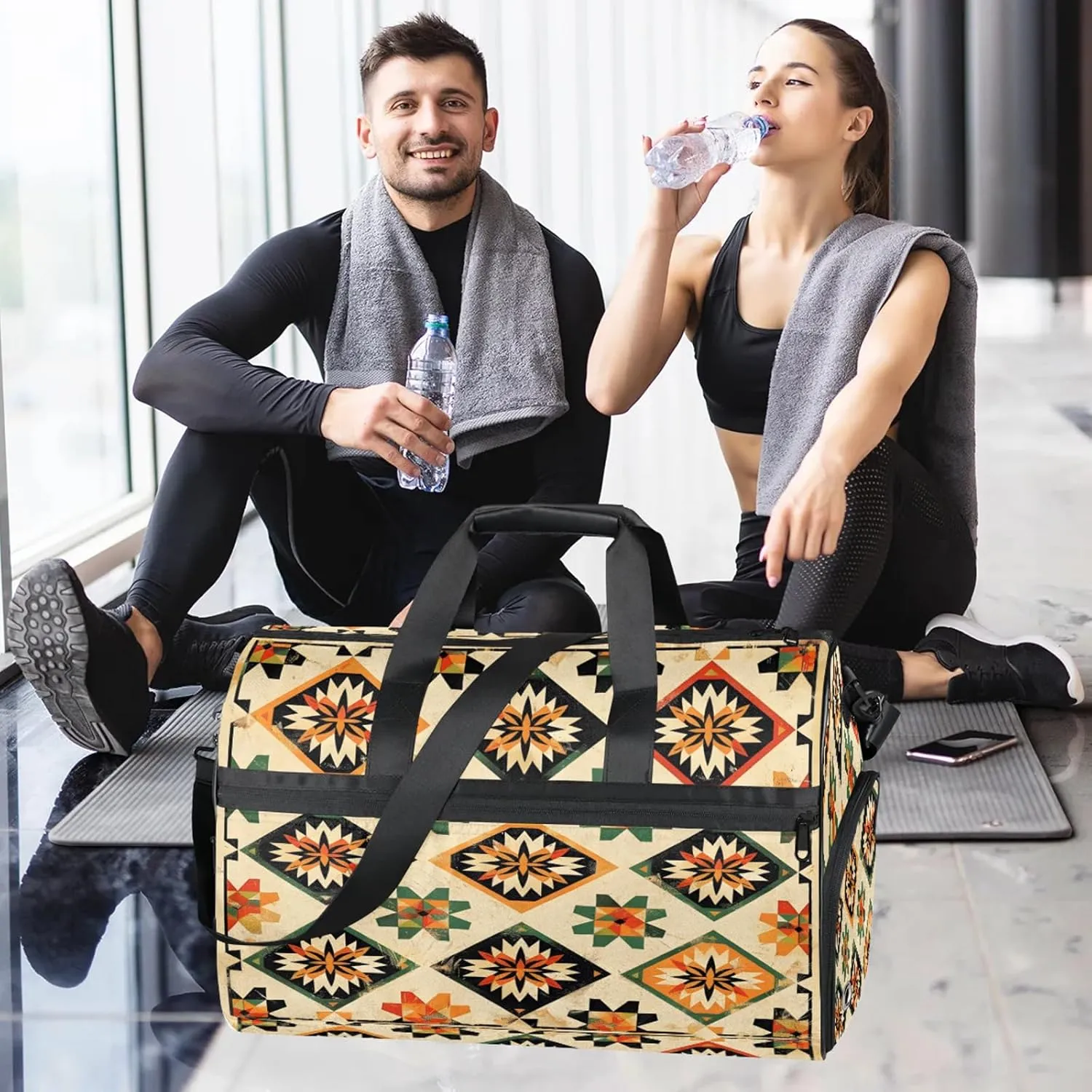 Gym Bag for Women Men Ethnic Retro Colorful Bohemian Travel Duffle Bag with Shoe Compartment Waterproof Sports Tote Bags Large Overnight Weekender Bags for Travel Swimming Gym Yoga Dance