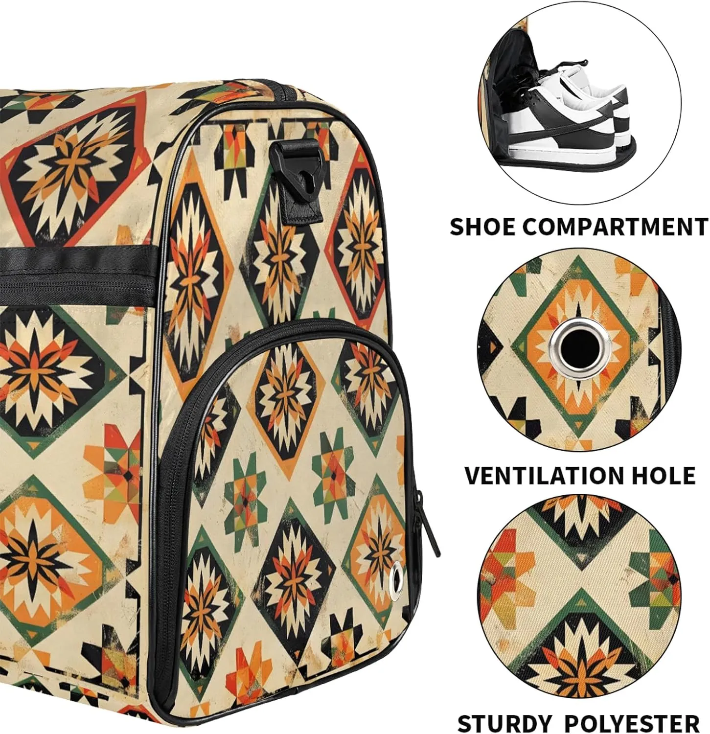 Gym Bag for Women Men Ethnic Retro Colorful Bohemian Travel Duffle Bag with Shoe Compartment Waterproof Sports Tote Bags Large Overnight Weekender Bags for Travel Swimming Gym Yoga Dance